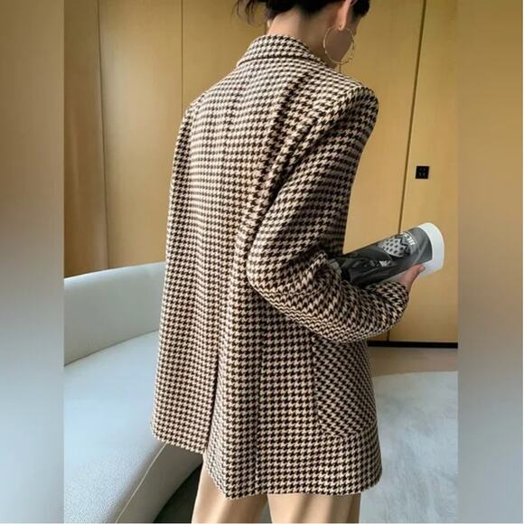 Commense Brown Cream Oversized Houndstooth Blazer Size M Preppy Academia Classic - Picture 8 of 16